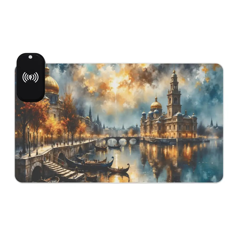 Gaming mouse pad with surreal skyline glowing cityscape meets cyberspace and wireless charge