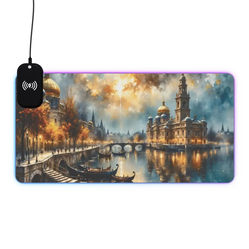 Gaming Mouse Pad with surreal skyline glowing cityscape meets cyberspace and wireless charging