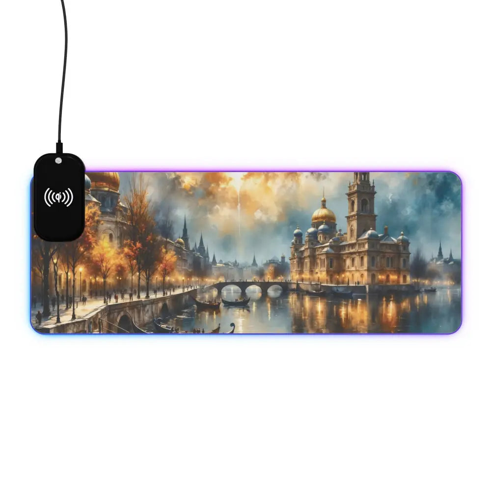 RGB gaming mouse pad with wireless charging featuring a surreal skyline glowing design