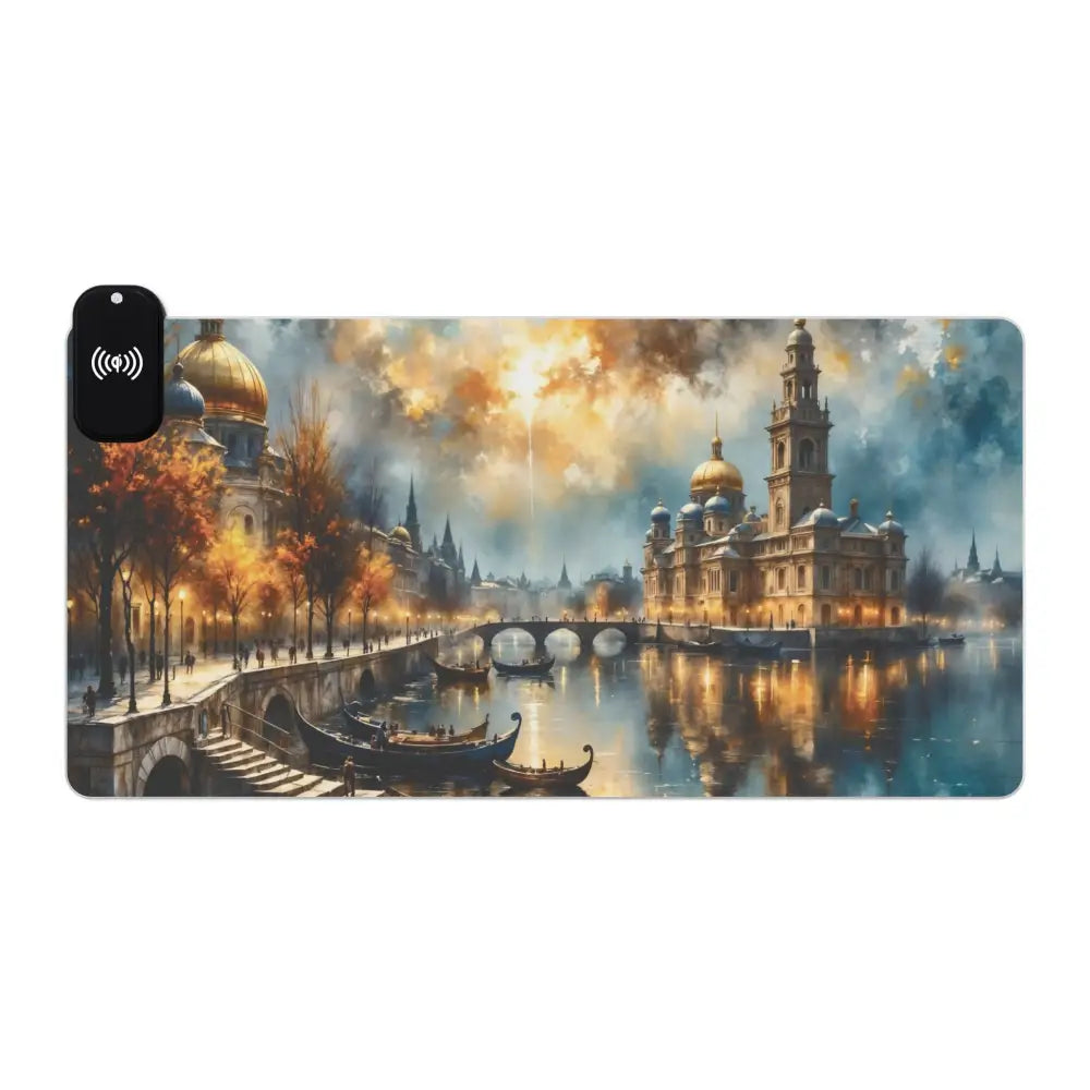 Gaming Mouse Pad Echoes of Gold and Sky with surreal skyline glowing cityscape meets cyberspace design and wireless charger
