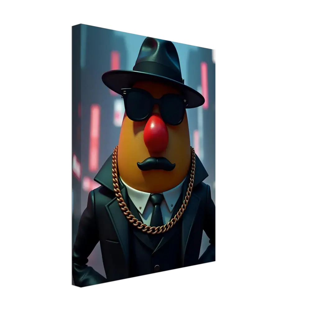 Cartoonish Potato Head gangster canvas print displayed in Gangster Potato PixiOnyx product
