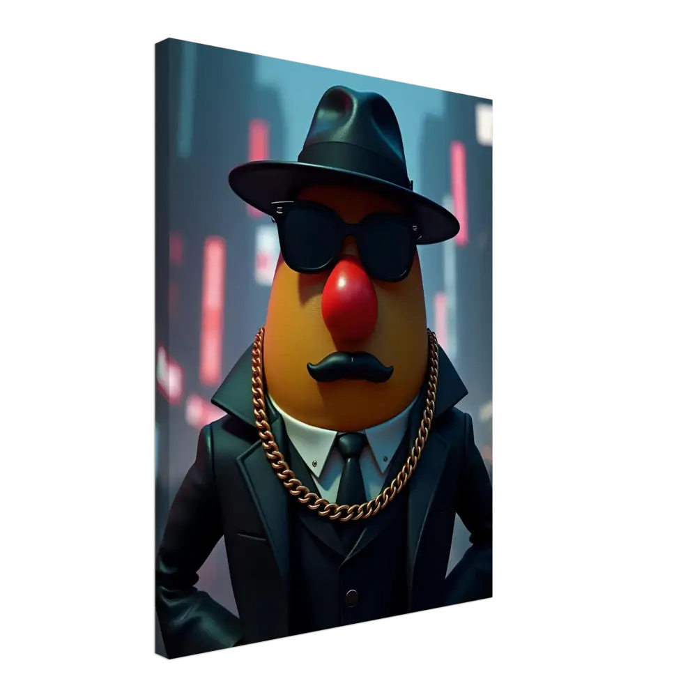 Cartoonish Mr. Potato Head gangster canvas print displayed by PixiOnyx