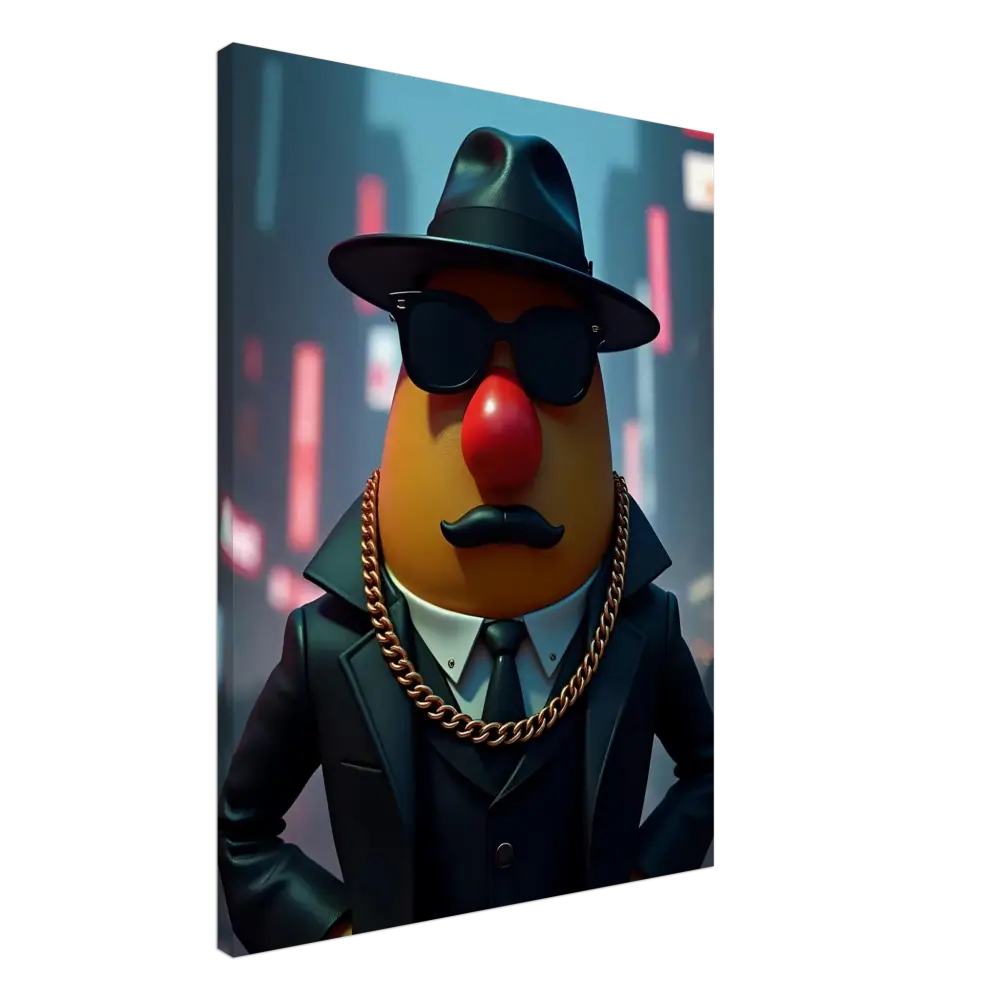 Cartoonish Potato Head gangster canvas print from PixiOnyx featuring a playful character