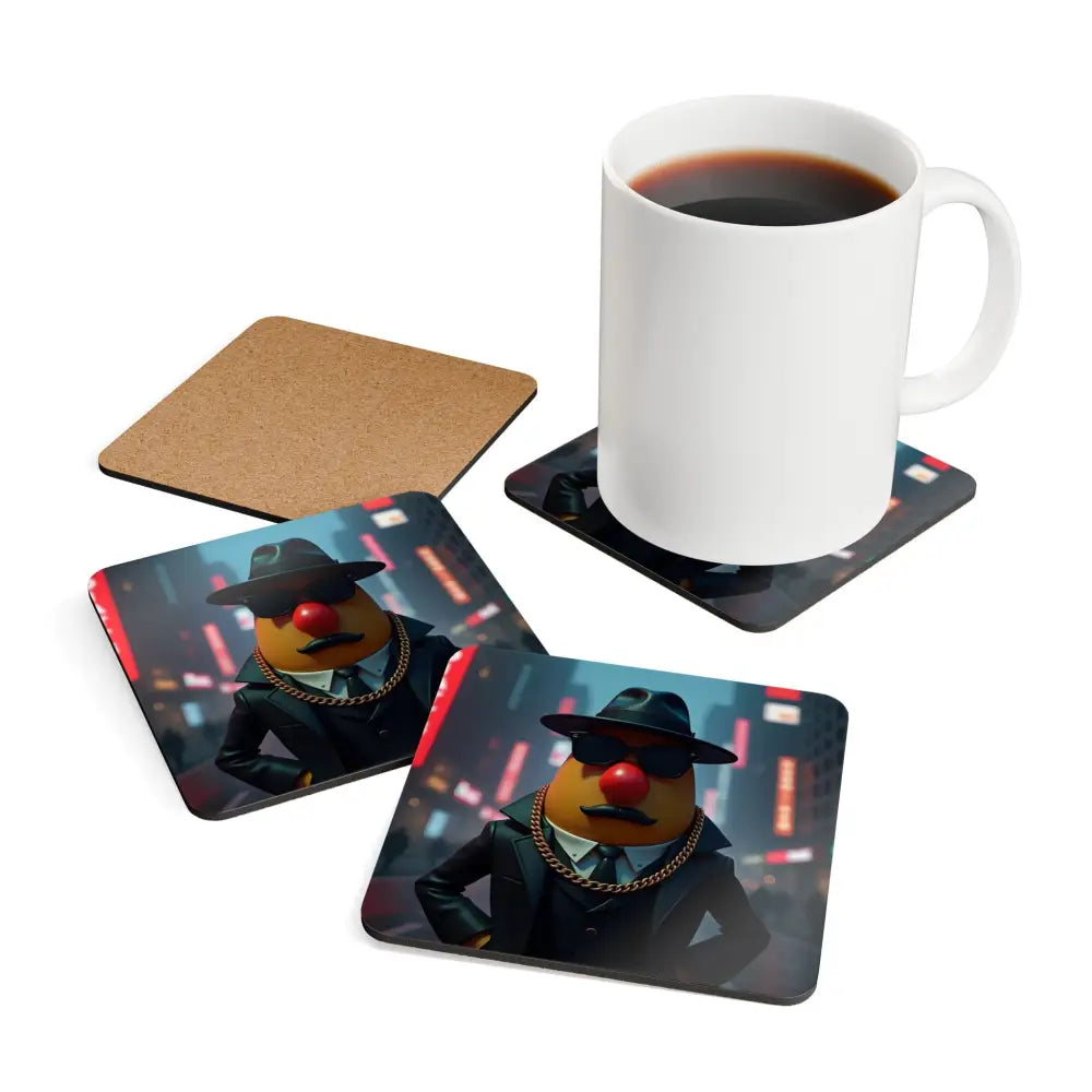Gangster Potato Coaster Set displaying quirky urban table art from PixiOnyx Mob Munch Series