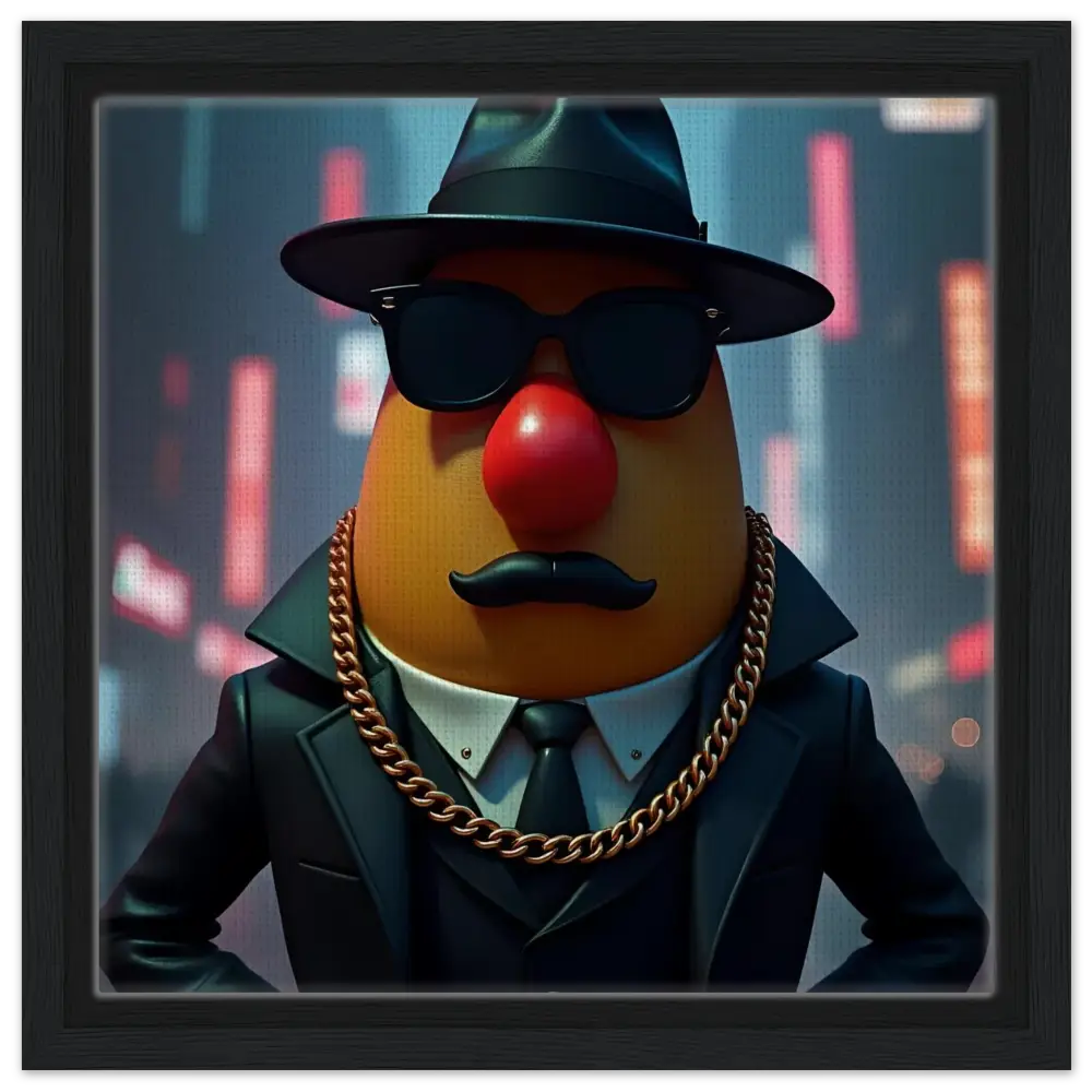 Gangster Mr. Potato Head framed canvas art displayed under Gangster Potato PixiOnyx