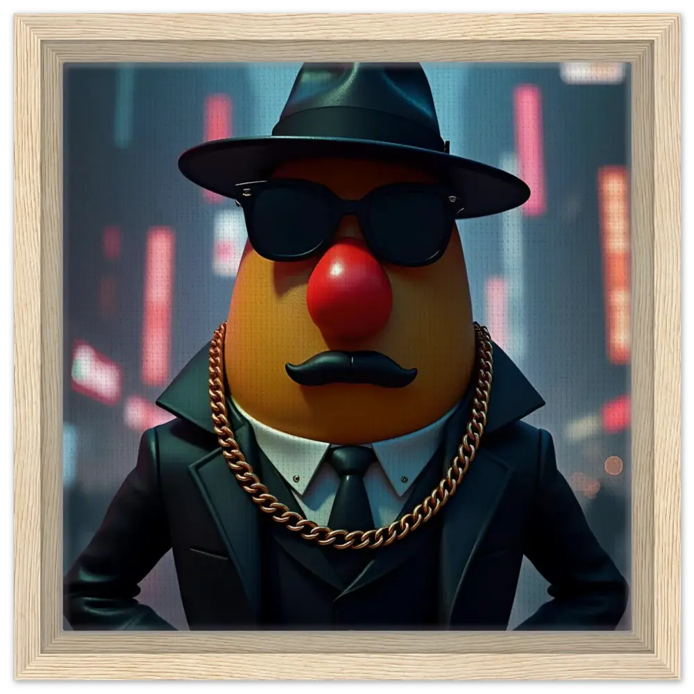 Mr Potato Head gangster framed canvas art from PixiOnyx featuring a humorous design
