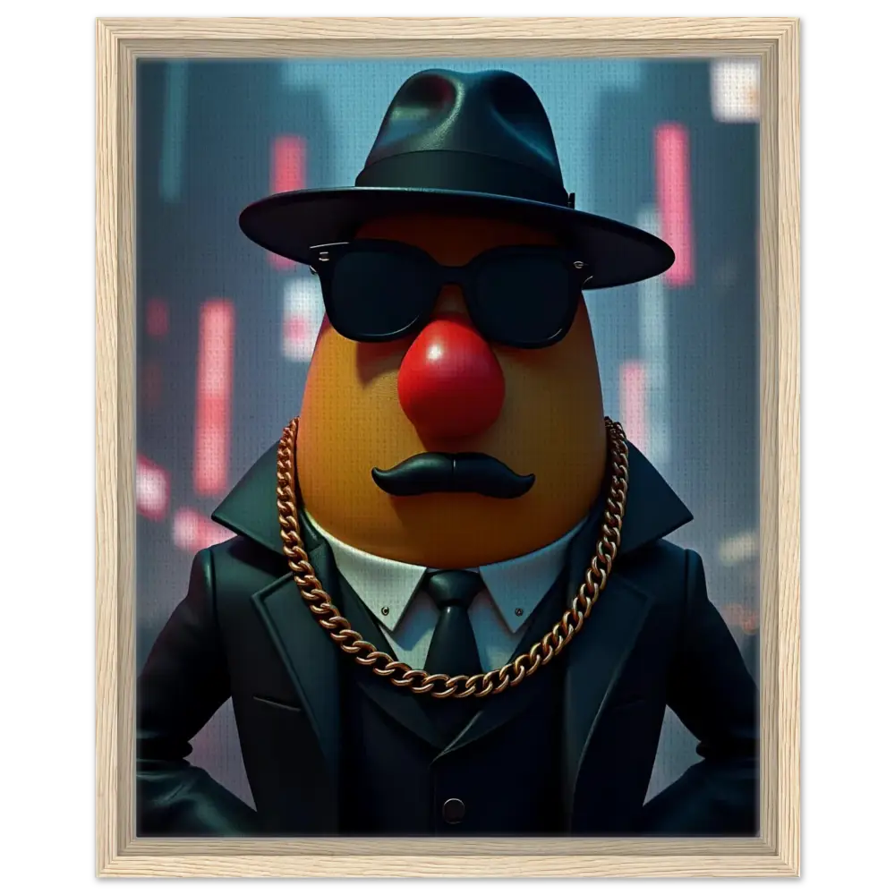 Gangster Mr. Potato Head portrait framed canvas art displayed in PixiOnyx product