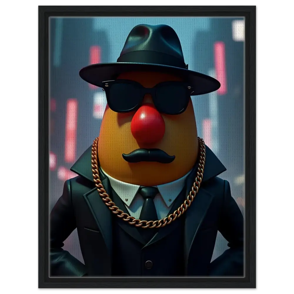 Mr Potato Head gangster framed canvas art from PixiOnyx featuring a playful character illustration