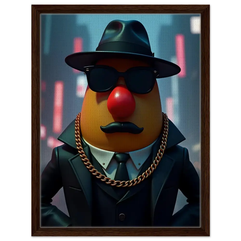 Framed Mr. Potato Head gangster canvas art displayed in Gangster Potato PixiOnyx product