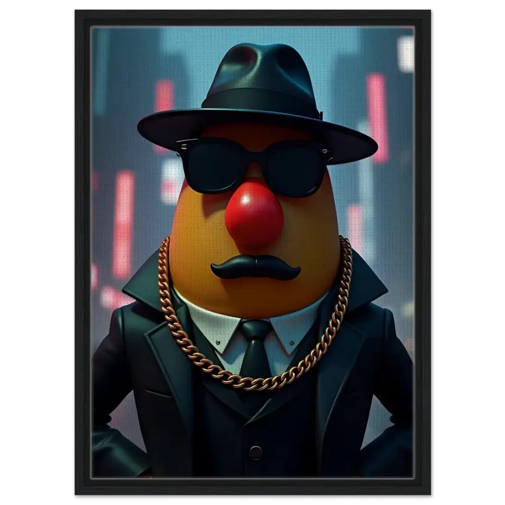 Mr. Potato Head gangster framed canvas art displayed in PixiOnyx product listing