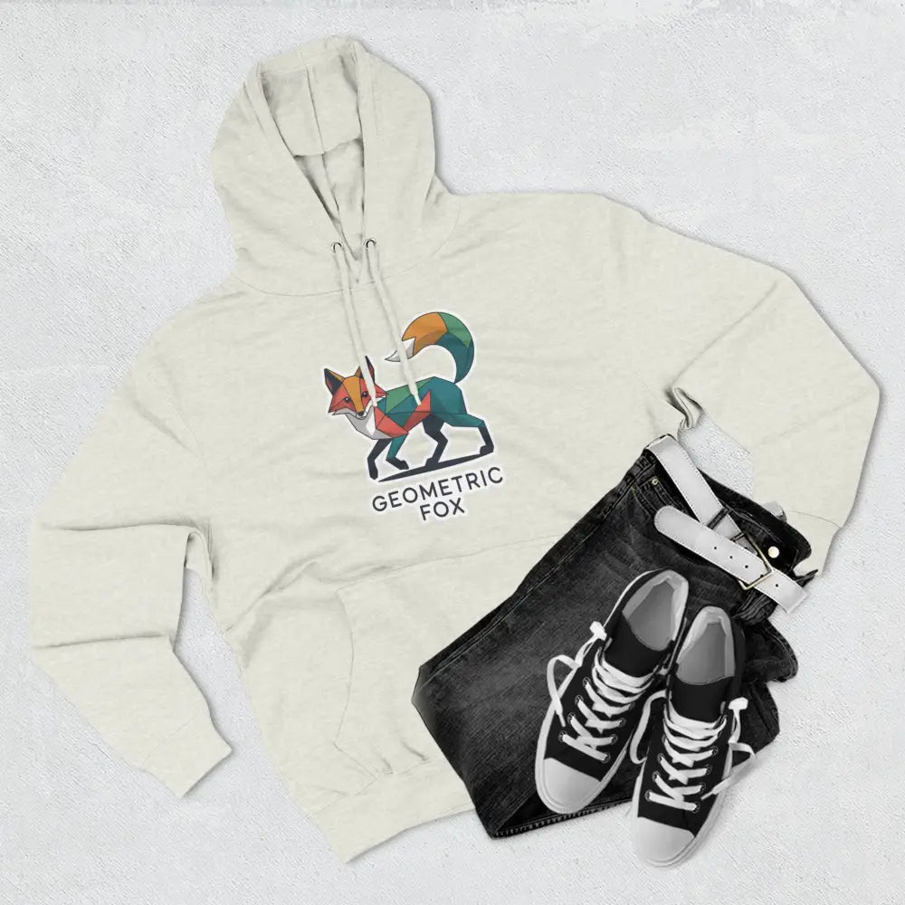 Cream-colored hoodie with colorful geometric fox design, machine wash low heat, casual outdoor wear