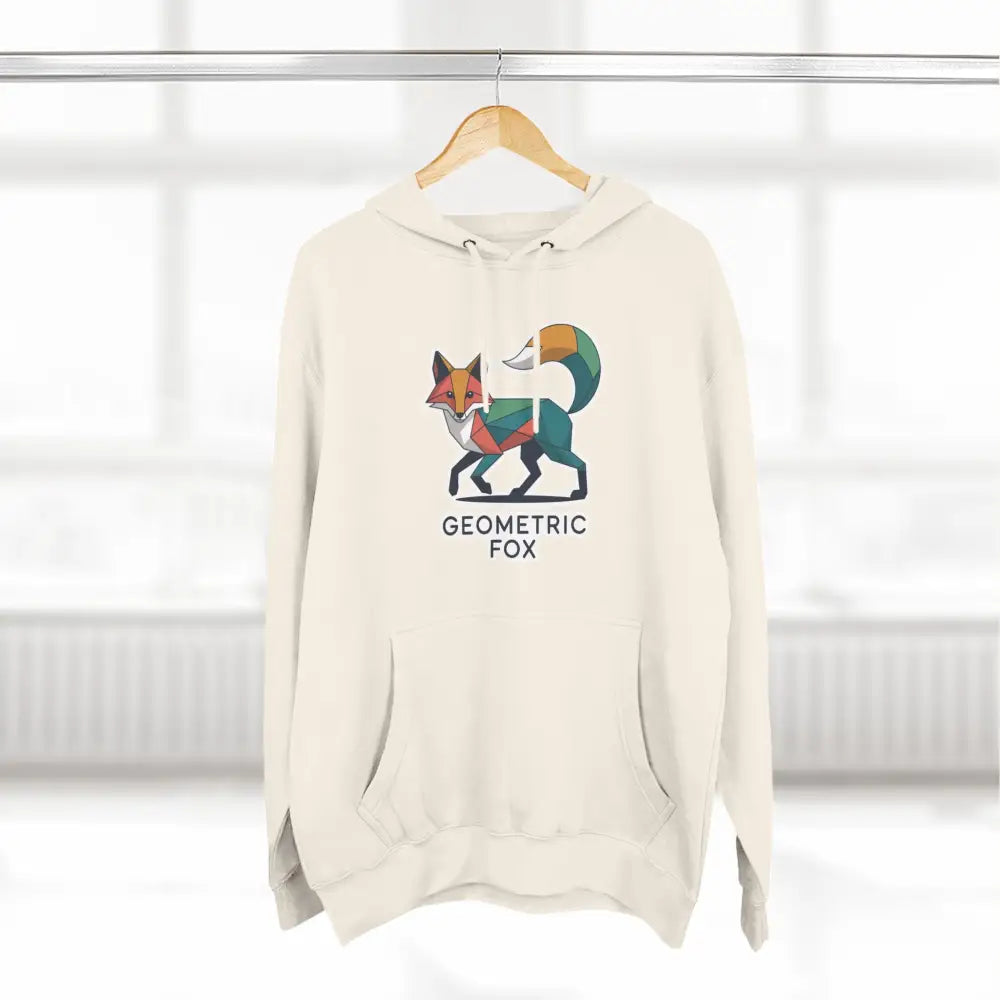 Cream-colored hoodie with colorful geometric fox design, machine washable at max 30c