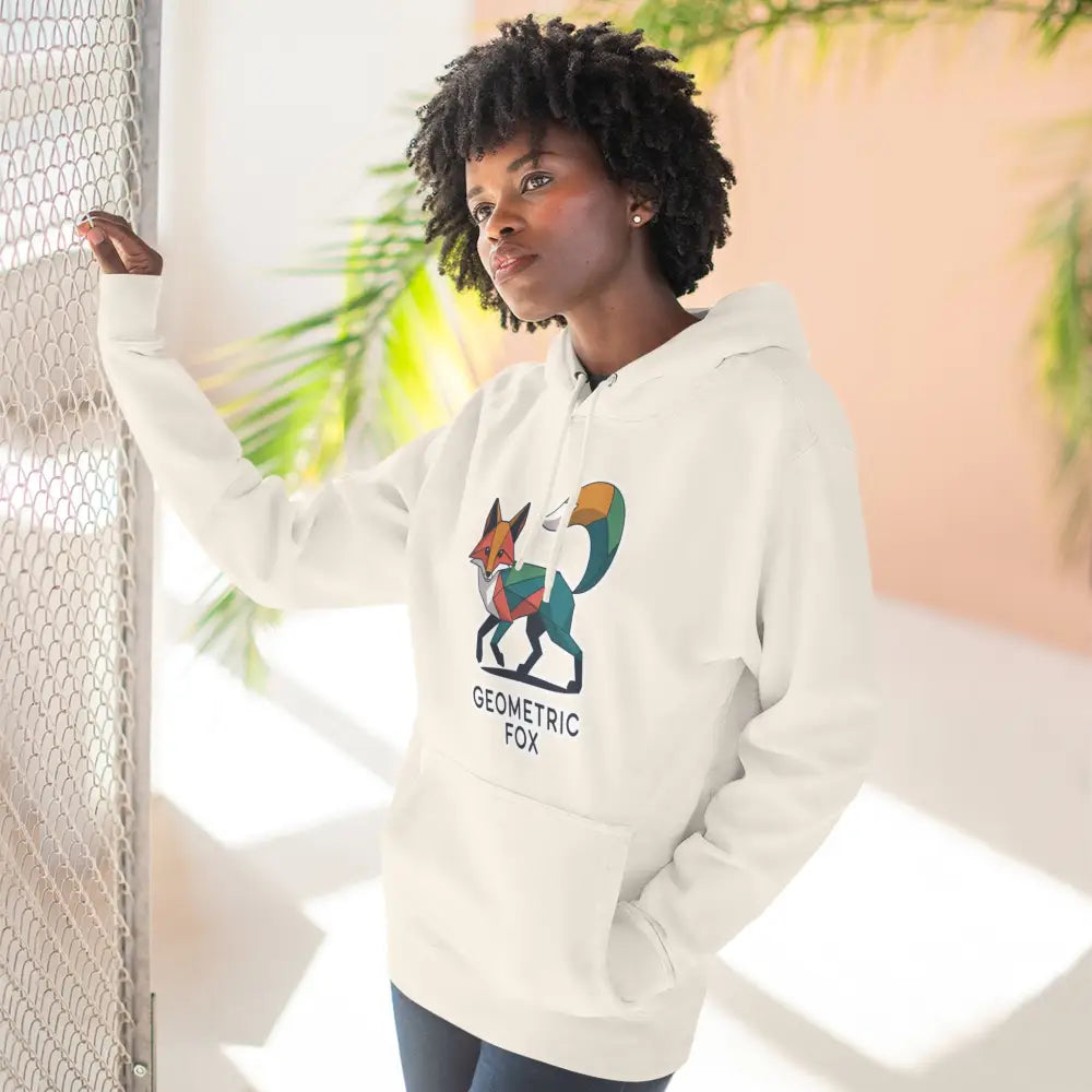 White hoodie with colorful geometric fox graphic, machine washable at max 30C, cozy outdoor wear