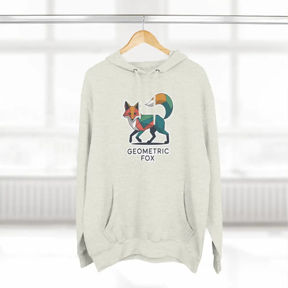 White hooded sweatshirt with colorful geometric fox design, machine washable at max 30C