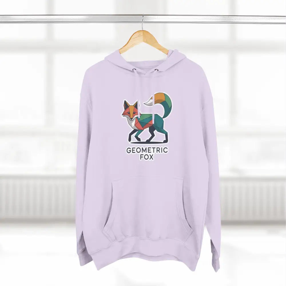 Light purple hoodie with colorful geometric fox design, machine wash cold, cozy outdoor wear