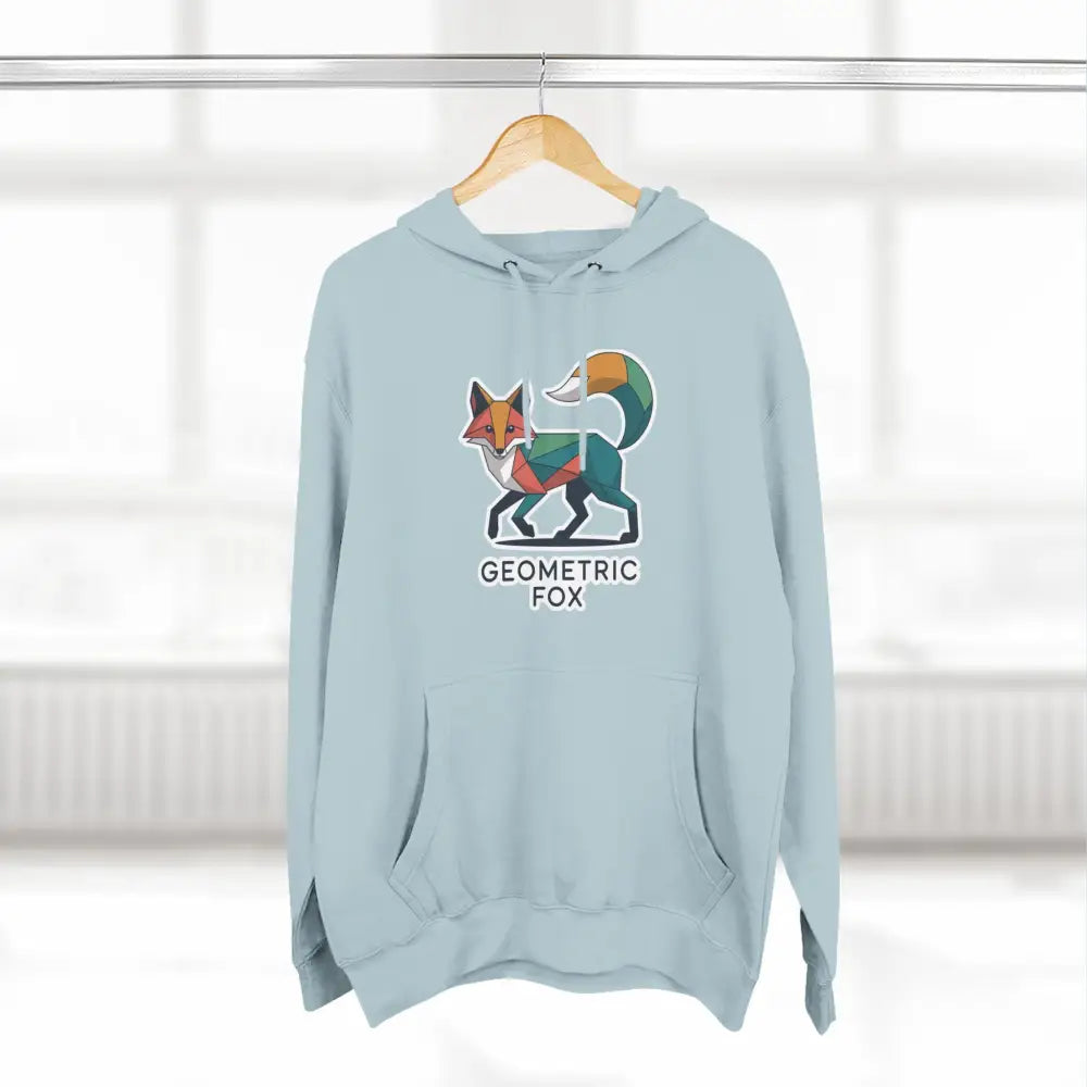 Light blue Geometric Fox fleece hoodie with colorful design, machine washable at max 30c