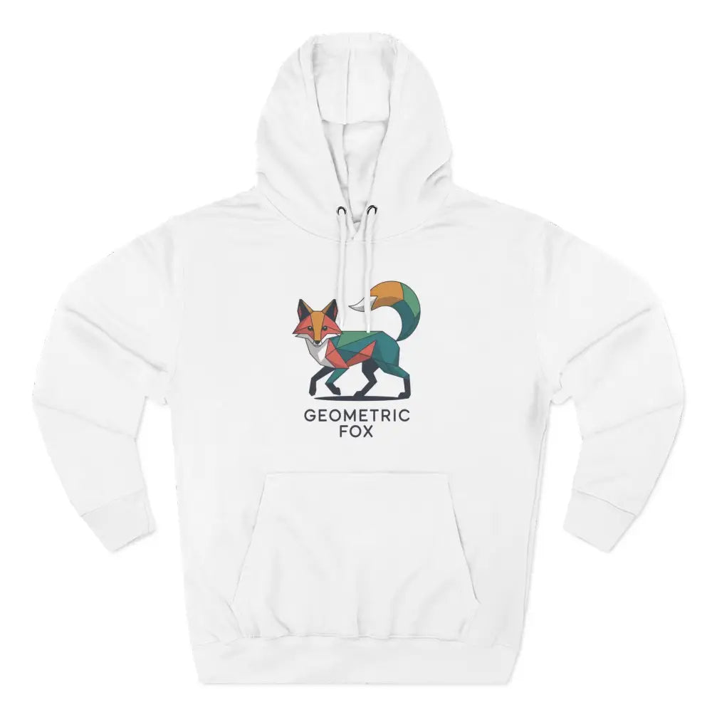 White hooded sweatshirt with colorful geometric fox design, machine washable at max 30C