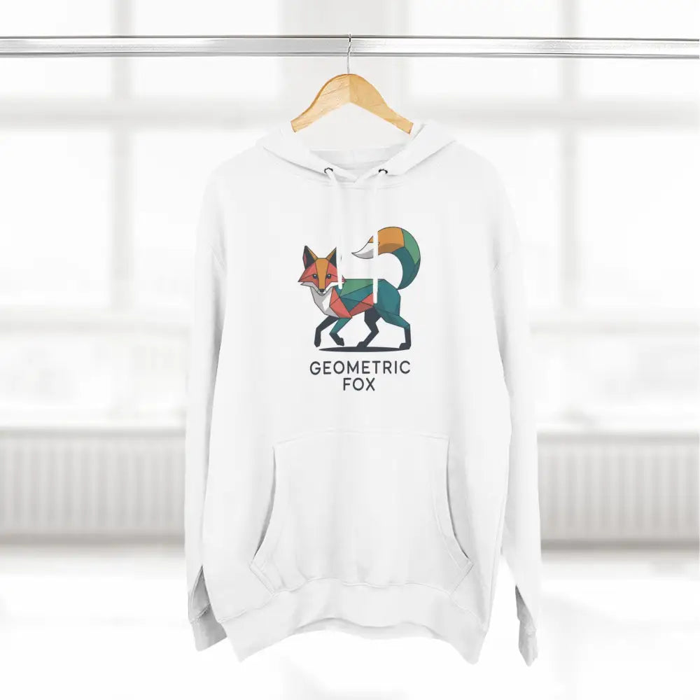 White hooded sweatshirt with geometric fox design, machine washable at max 30c, cozy outdoor wear