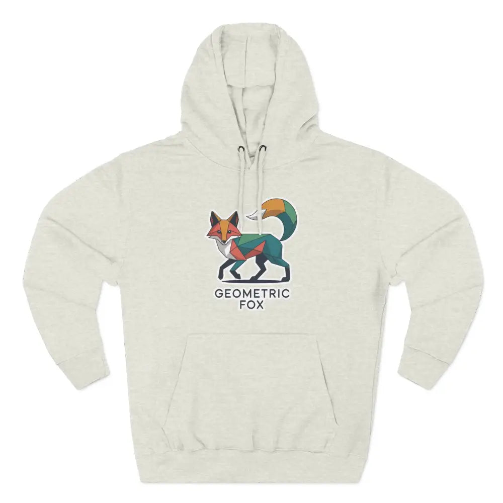 Cream-colored pullover hoodie with colorful geometric fox graphic, machine washable at max 30c