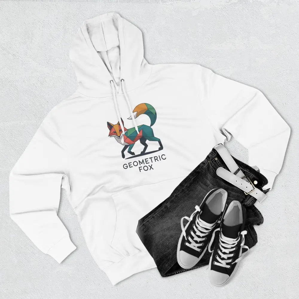 White hoodie with colorful geometric fox graphic, machine washable at max 30c, cozy outdoor wear