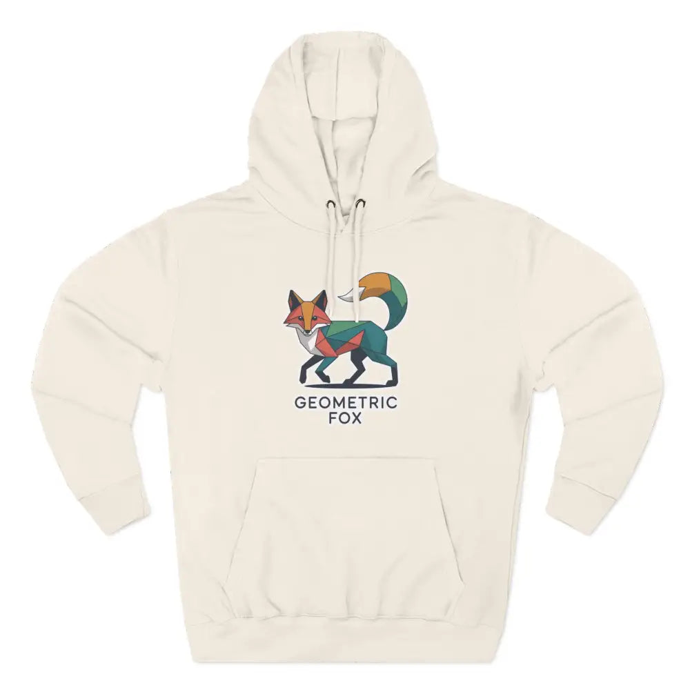 Off-white Geometric Fox Hoodie with colorful design, machine washable at max 30c, cozy outdoor wear