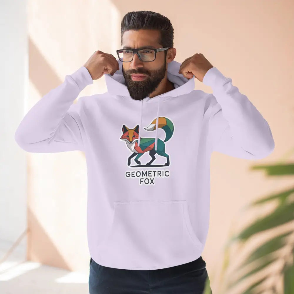Man wearing Geometric Fox Fleece Unisex Hoodie with colorful fox graphic, machine washable at max 30C