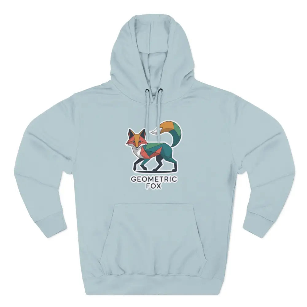Light blue Geometric Fox fleece hoodie with nature-inspired design, machine washable at max 30c