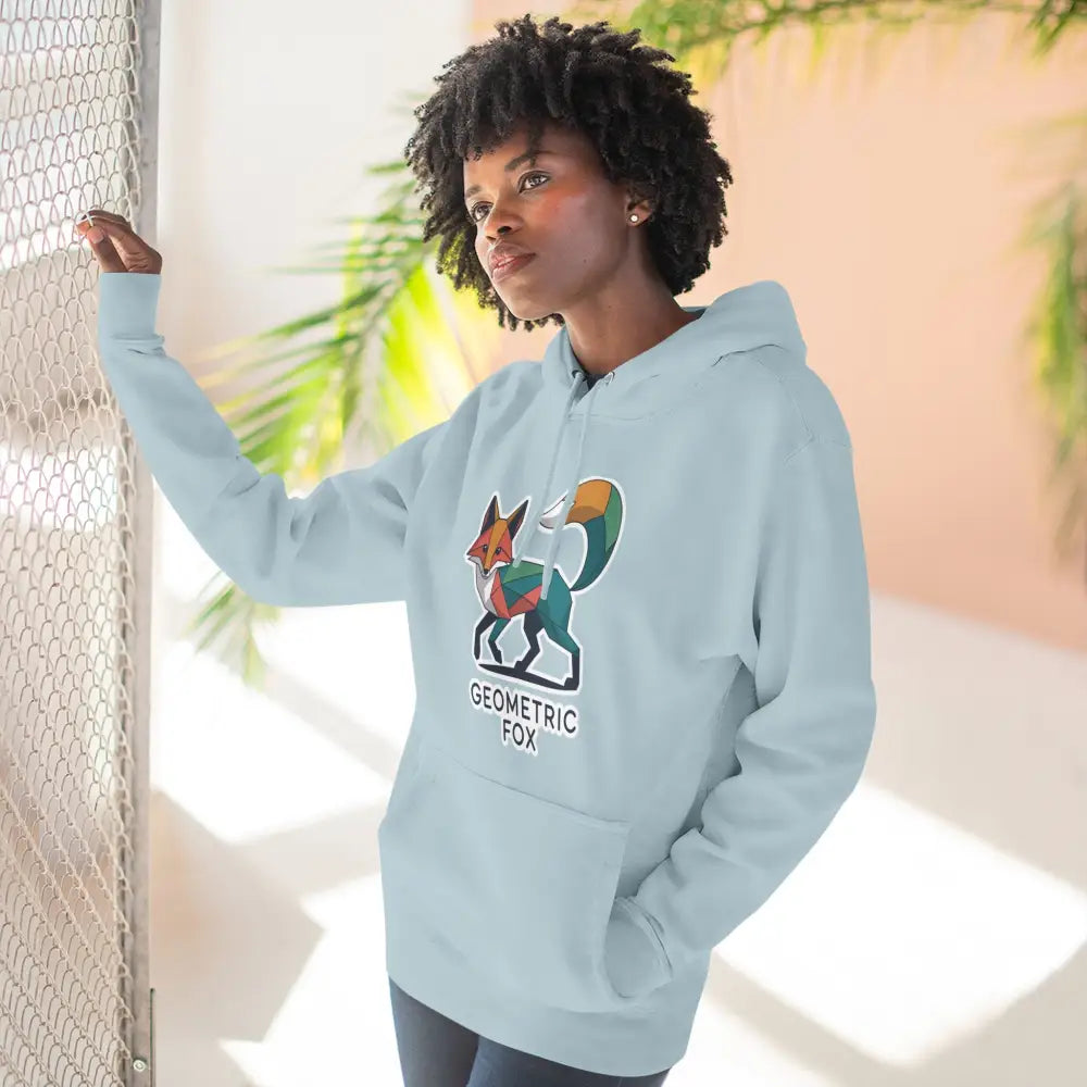 Light blue Geometric Fox Hoodie with colorful graphic, machine washable, low heat preferred