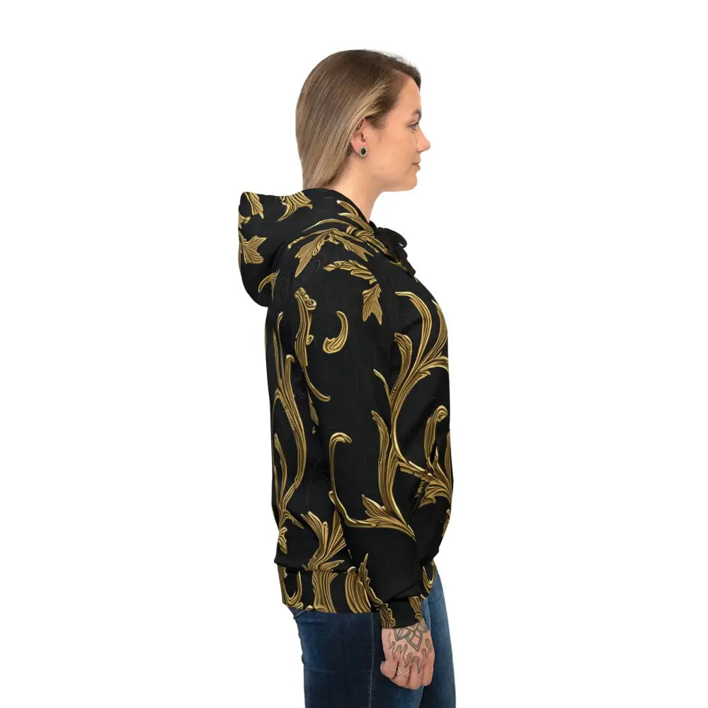 Black and gold patterned Gilded Veil Hoodie with elegant Baroque design on Black fabric
