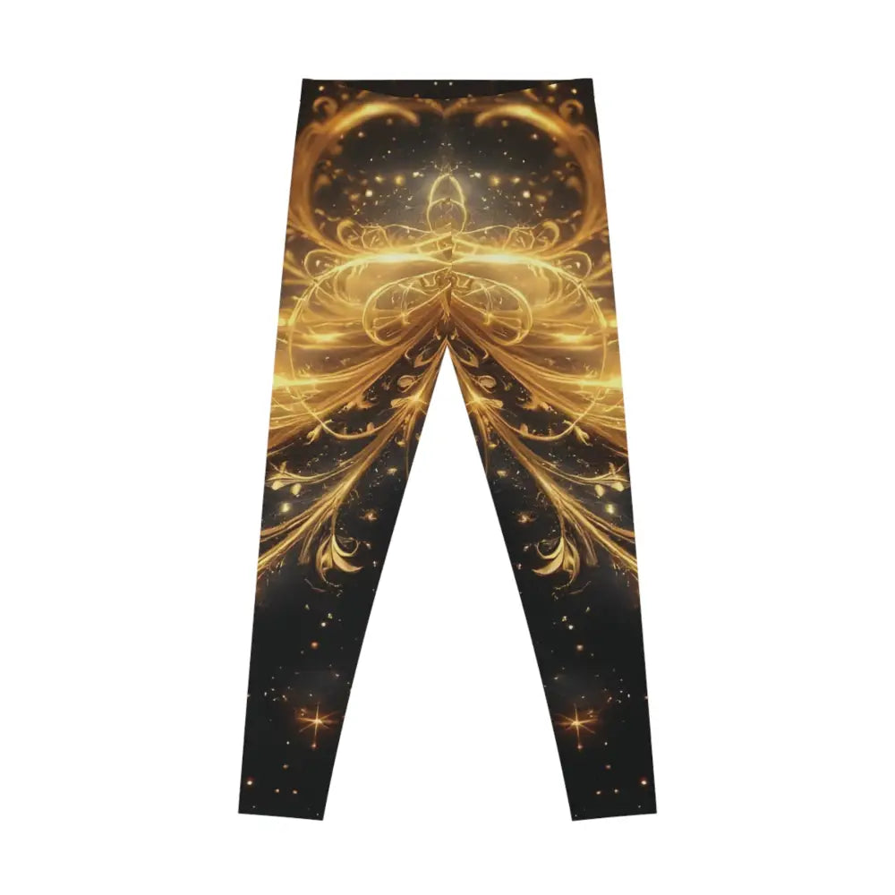 Golden patterned leggings from PixiOnyx Ornate Activewear featuring luxe baroque swirl design