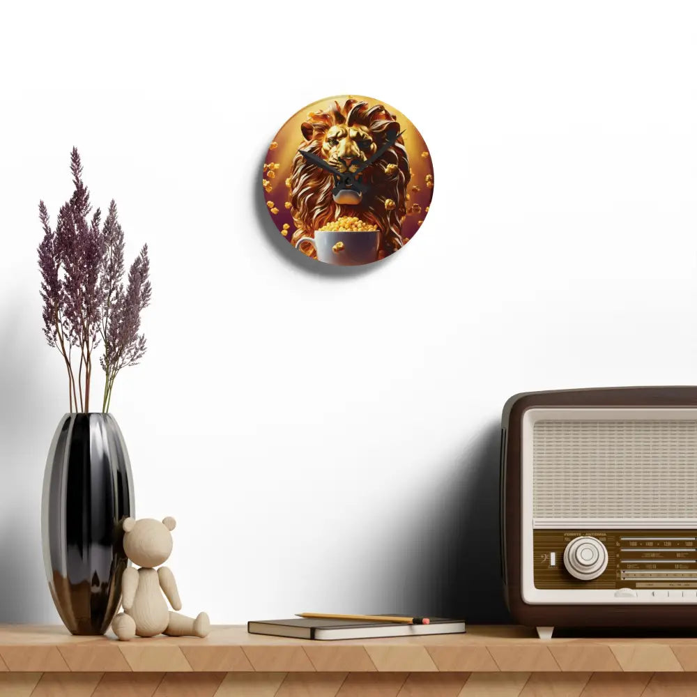 Lion-themed wall clock with popcorn lion design on acrylic background from PixiOnyx