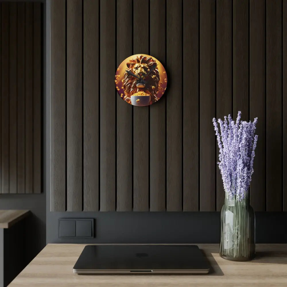 Lion head wall art for Golden Roar Wall Clock featuring Popcorn Lion Acrylic Design