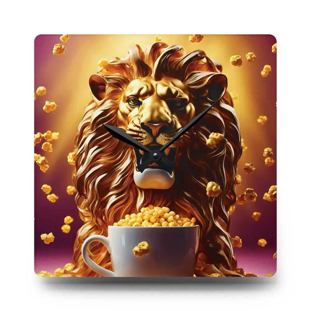 Square wall clock with a golden lion and popcorn design for bold home decor