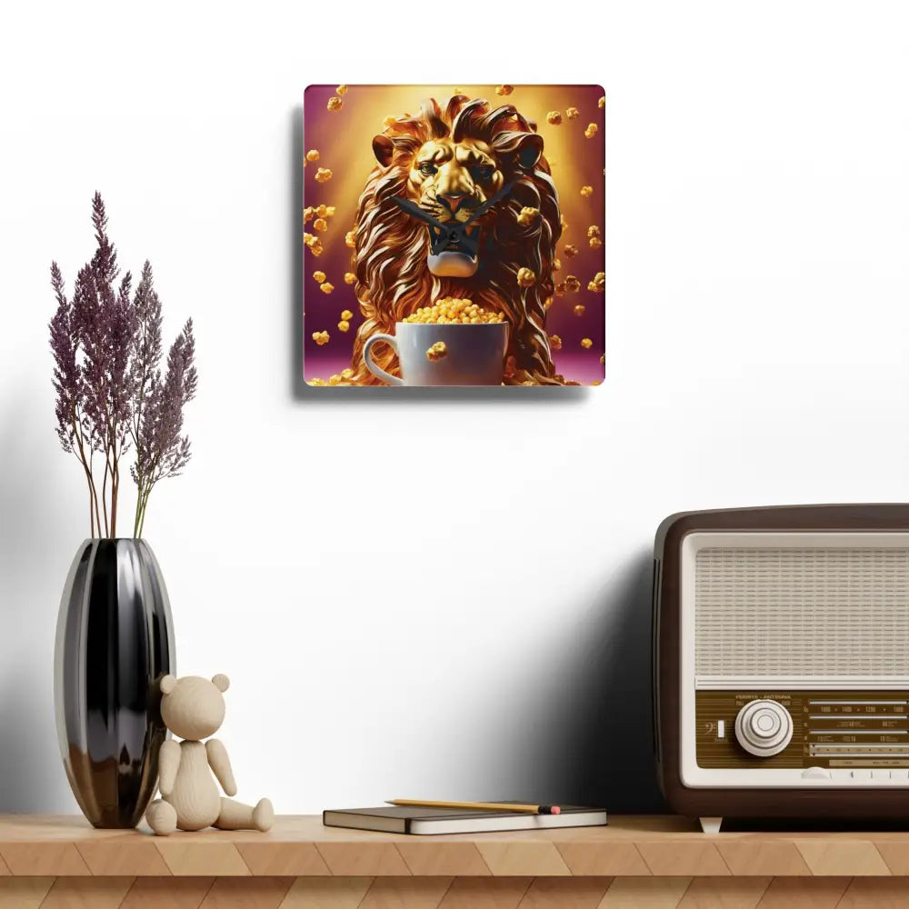 Lion with popcorn art on Golden Roar Wall Clock by PixiOnyx Bold Home Accent