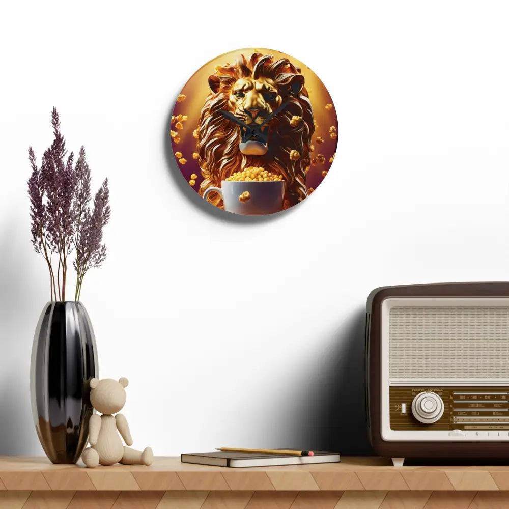 Lion-themed wall clock featuring a popcorn lion design from PixiOnyx Bold Home Accent