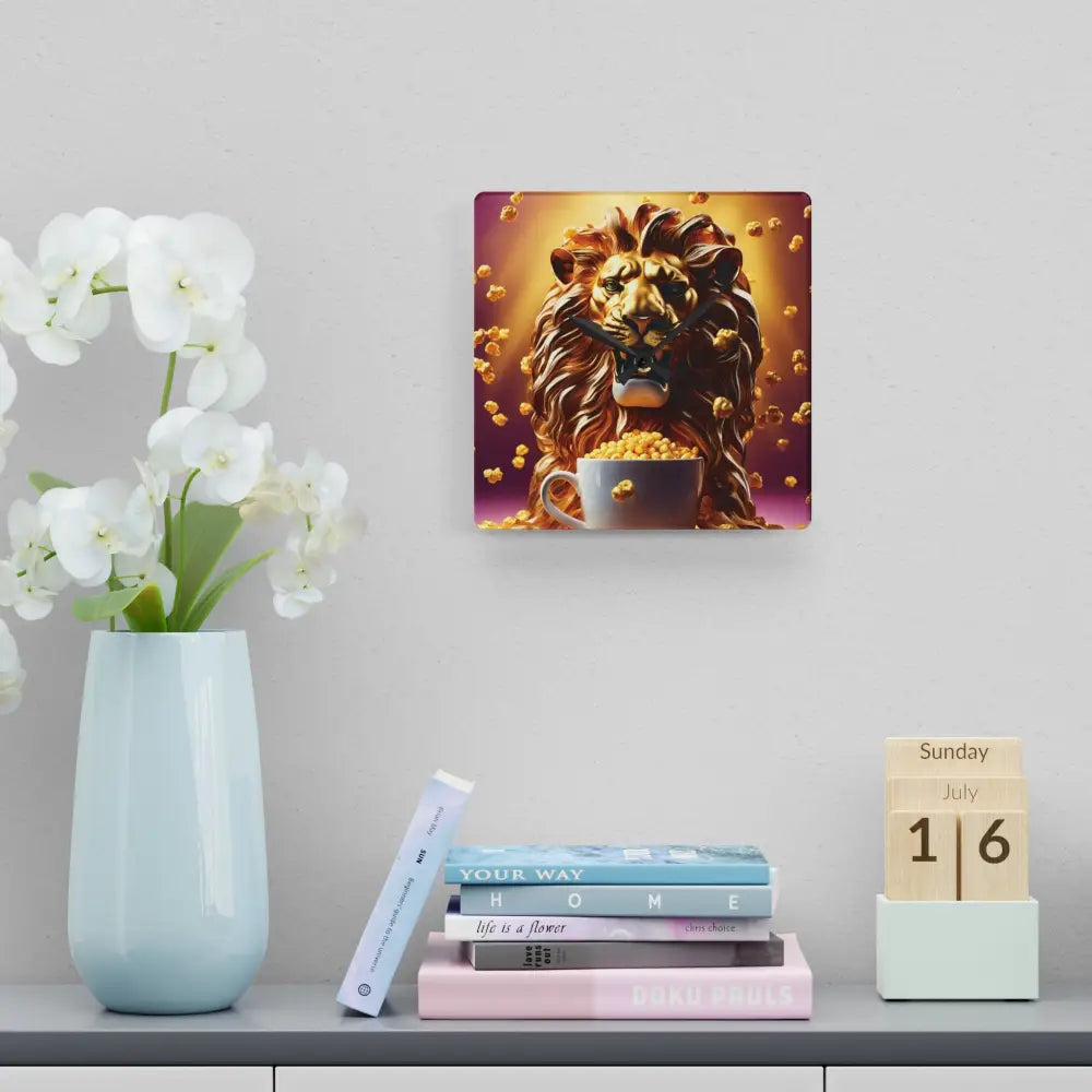 Lion with popcorn art on Golden Roar Wall Clock by PixiOnyx in bold home decor style