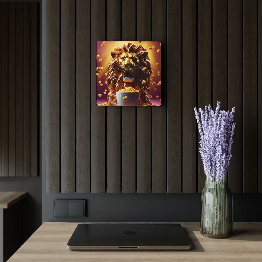 Lion with popcorn art on Golden Roar Wall Clock, a bold acrylic home accent from PixiOnyx
