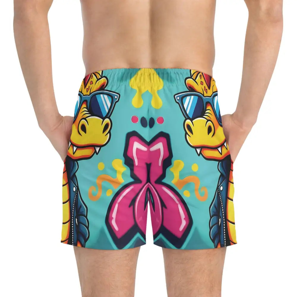 Men’s swim trunks with colorful cartoon dragon design from Graffiti Groove Dragon collection