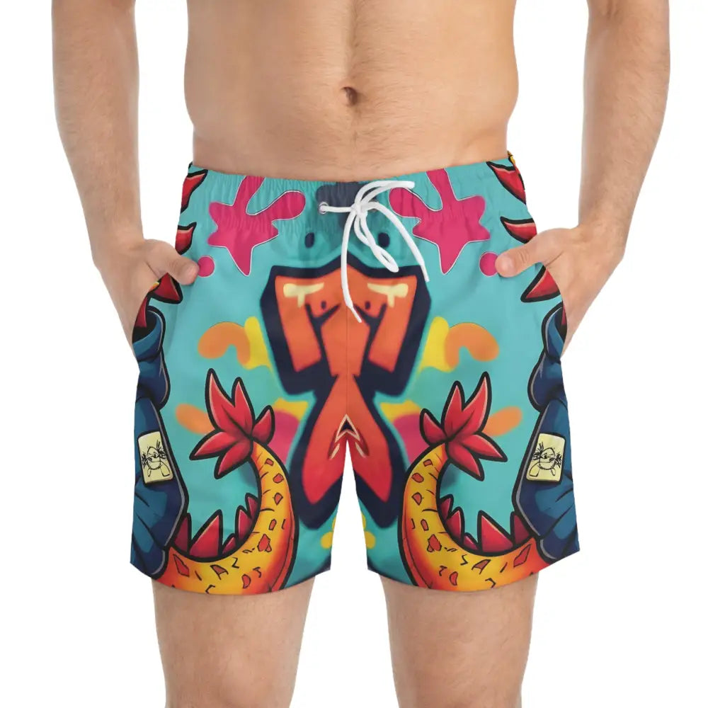 Colorful patterned Graffiti Groove Dragon swim trunks from PixiOnyx Urban Mens Collection