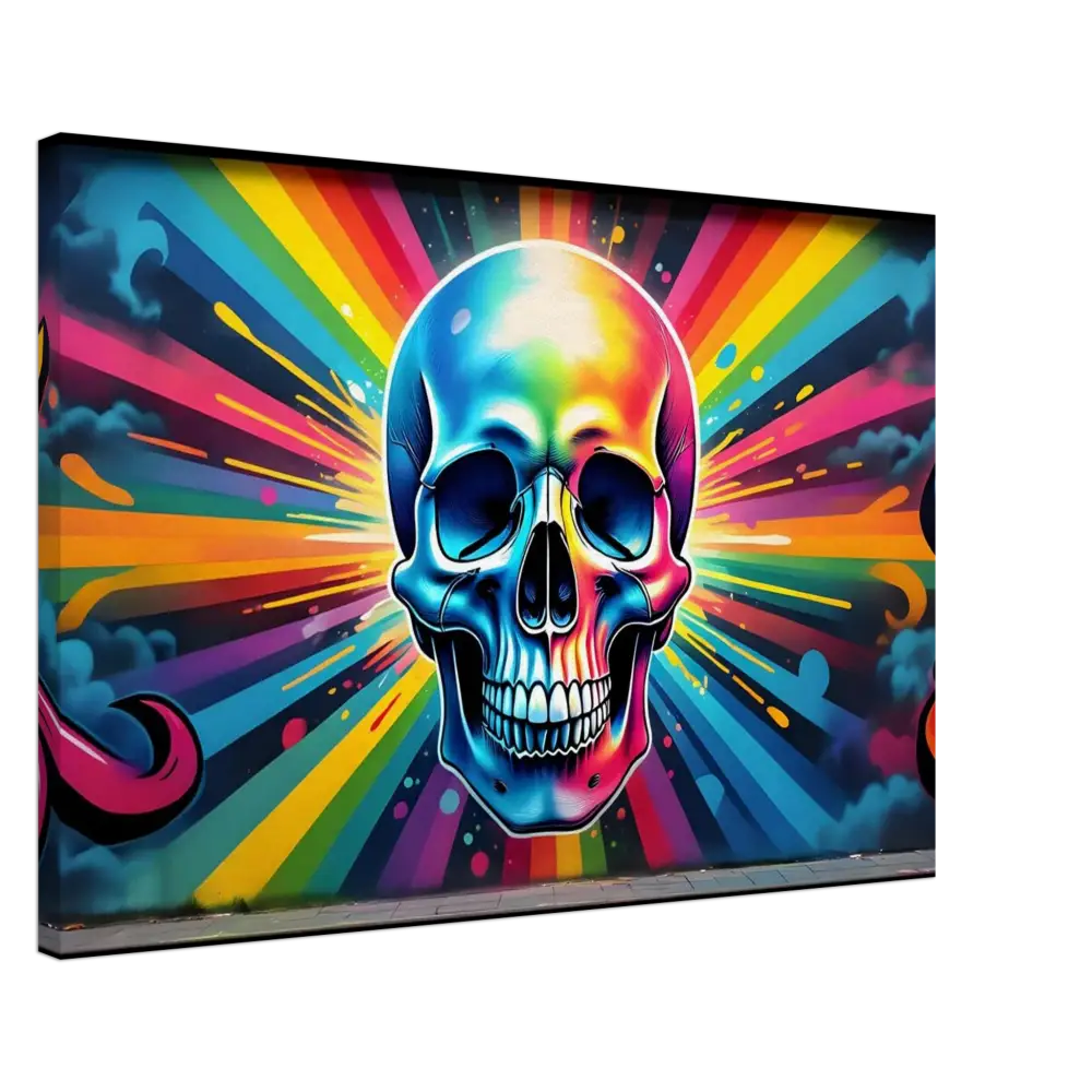Rainbow-colored skull graffiti art on PixiOnyx Wall Display, vibrant street art decor