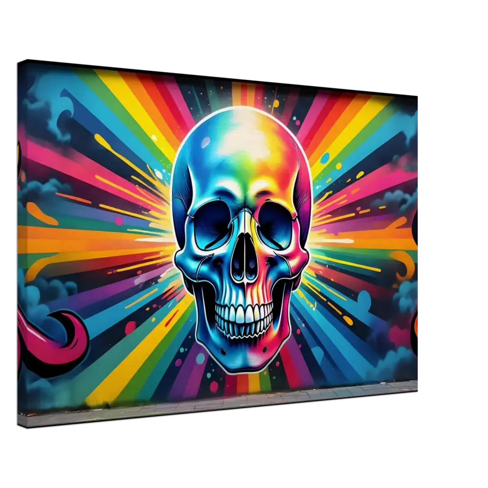 Rainbow skull graffiti art on a wall for PixiOnyx Wall Display product