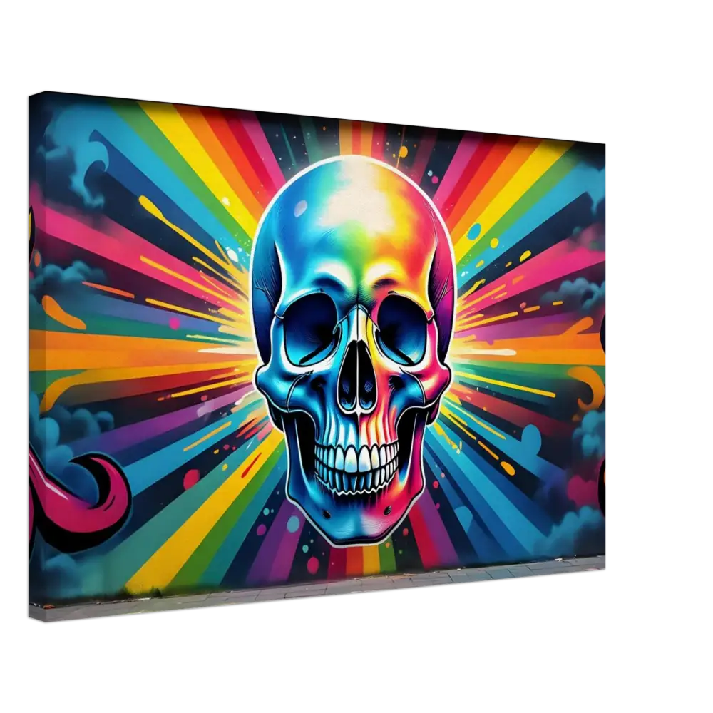 Colorful rainbow skull graffiti art displayed on the Graffiti Skullburst Canvas by PixiOnyx