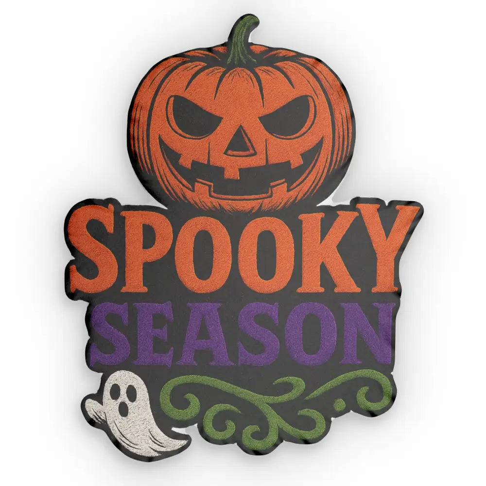 Fiery pumpkin-shaped pillow with spooky sign for ultimate spooky-season energy by Honson Ventures Limited