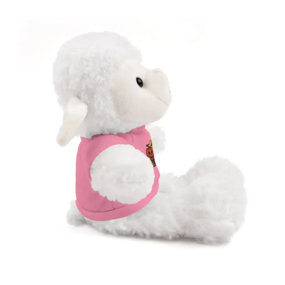 White fluffy sheep plush toy wearing pink shirt from PixiOnyx haunted house collectible stuffed animal collection