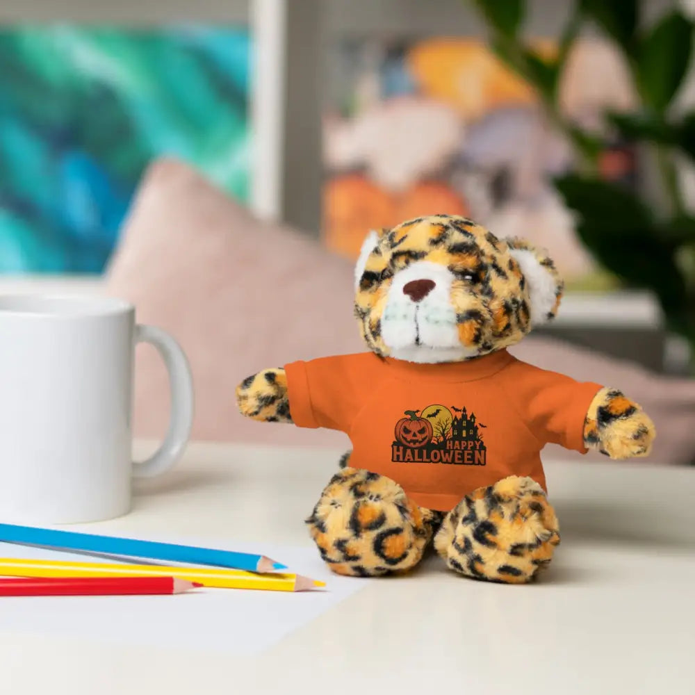 Leopard print plush toy wearing orange T-shirt from Pumpkin Haunted House collectible plush collection