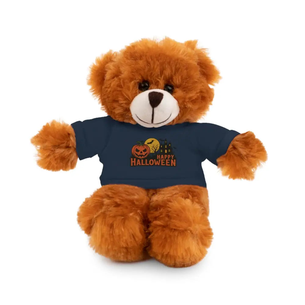 Brown plush teddy bear with dark blue Happy Halloween tee, haunted house design collectible plush