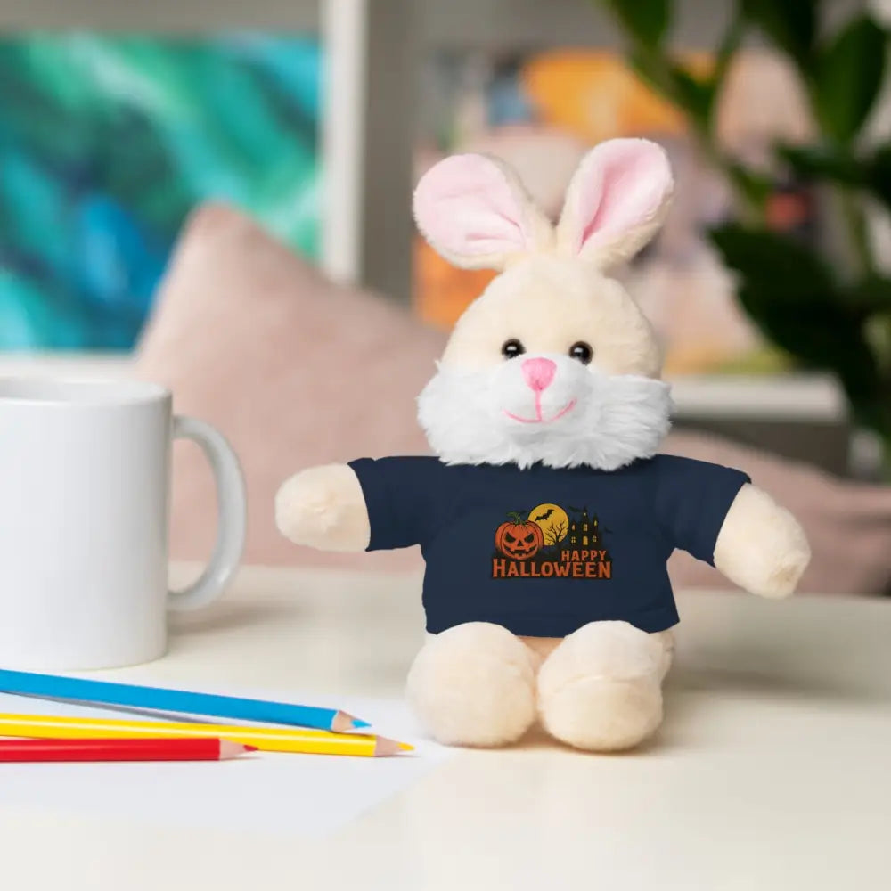 Plush bunny wearing haunted house Halloween T-shirt, collectible plush toy for kids