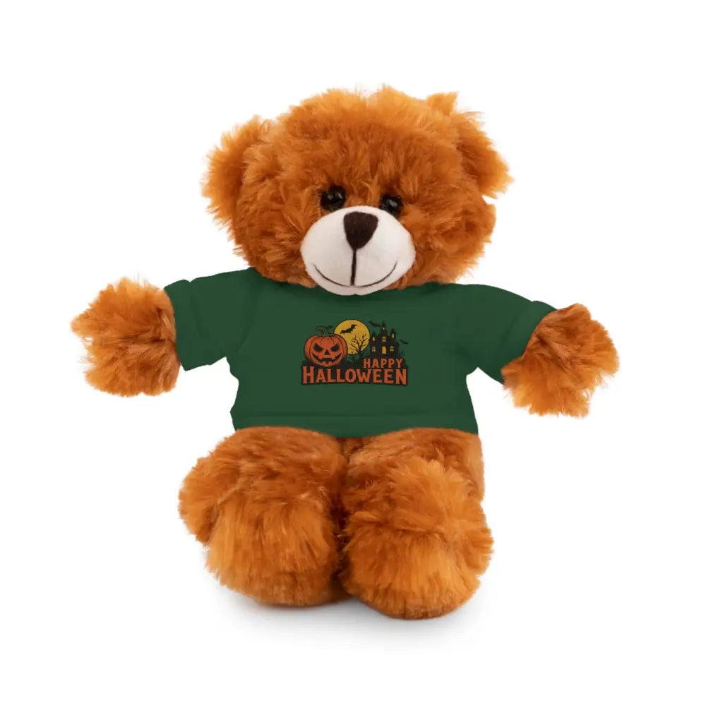Brown teddy bear wearing dark green Halloween T-shirt with haunted house design, collectible plush