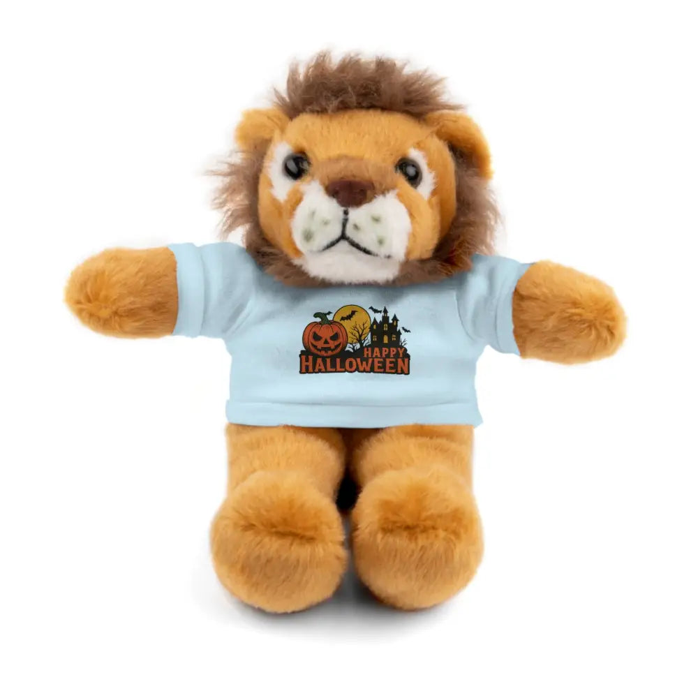 Plush lion toy wearing a light blue Halloween T-shirt featuring haunted house design, collectible plush