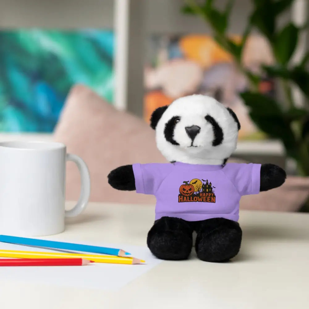 Plush panda toy wearing purple Happy Halloween tee, haunted house design collectible plush